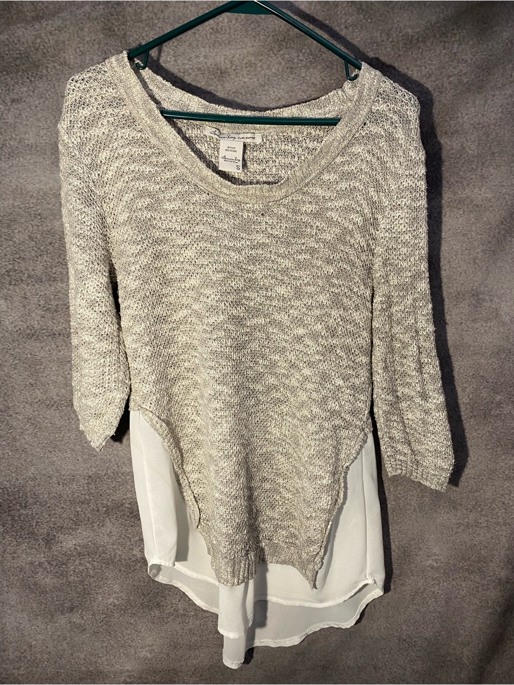 American Rag Cie Sweater Womens Small Gray Knit Chiffon Layered Button Back Top
